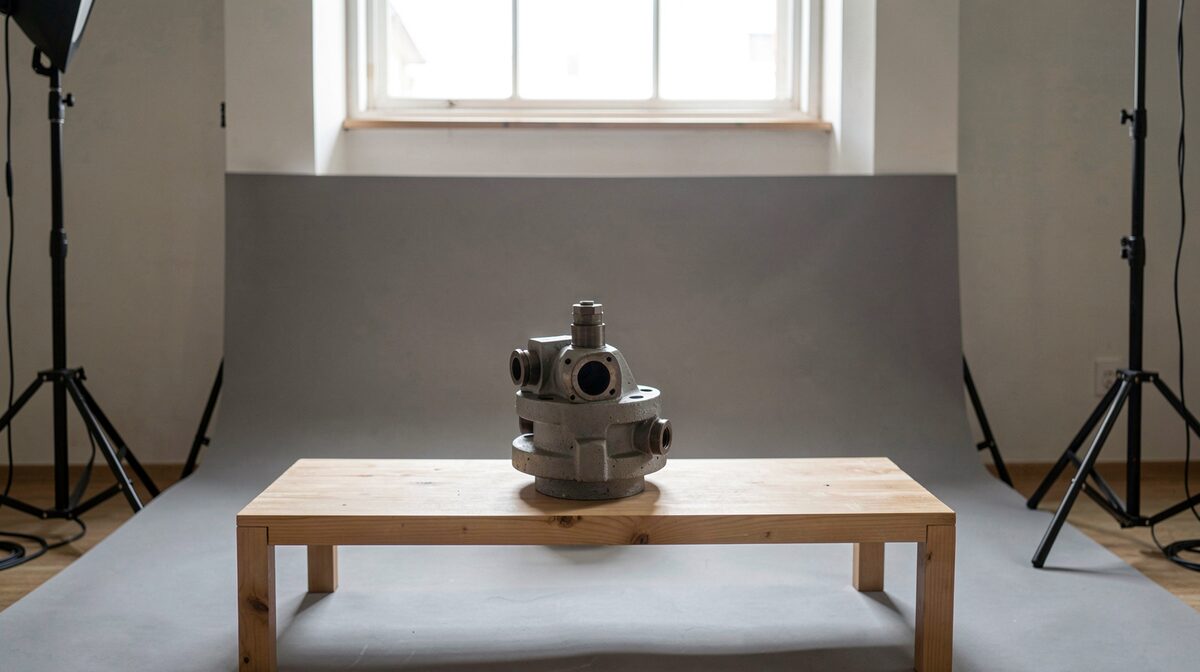 A museum photography studio bench with a single industrial machine part on grey seamless paper, soft daylight from a high window, shot straight on with the lights and stands visible at the frame edges.