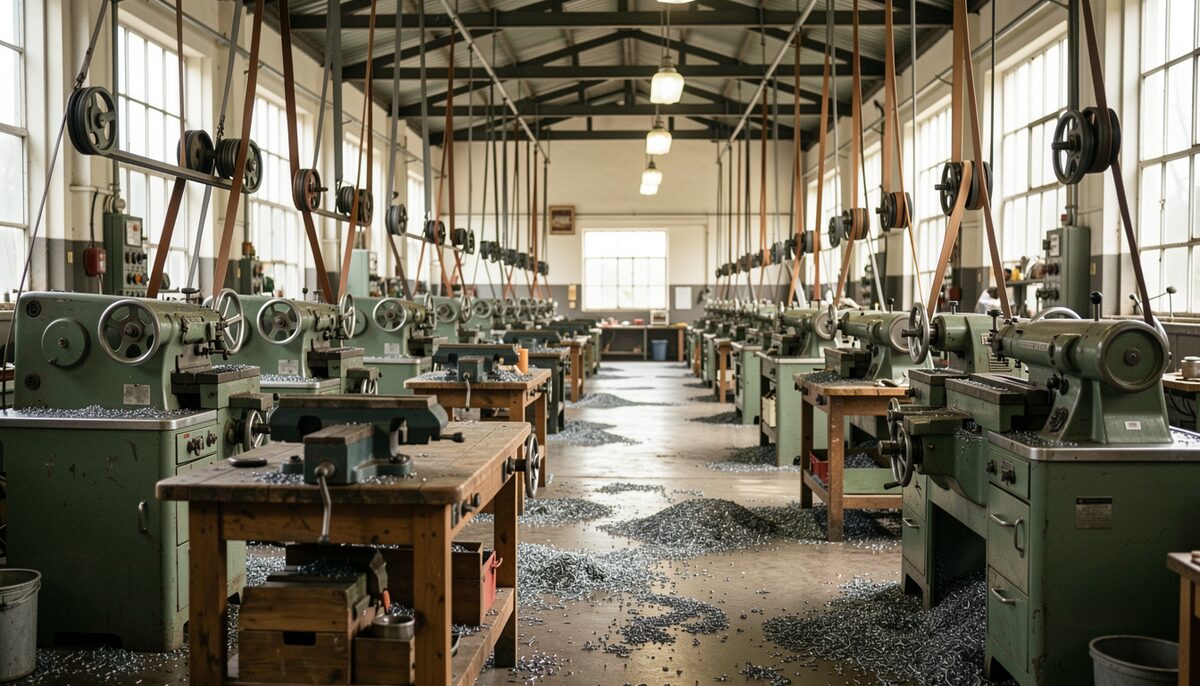 A long machine shop bay with rows of belt-driven lathes, swarf on the floor, and a fitter's bench under a north light.