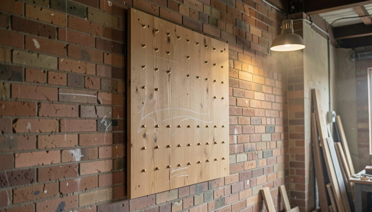 A works notice board with a wooden board of employee names, brass studs, and handwritten chalk marks in flat workshop light.