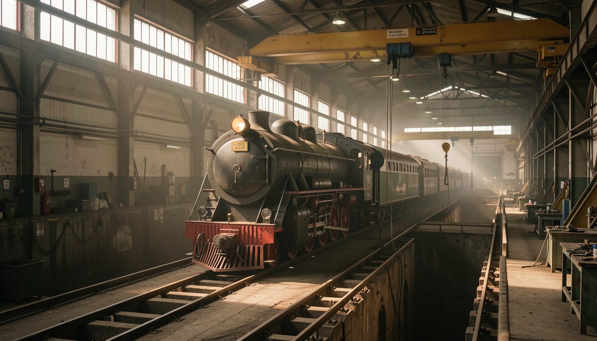 A half-empty erecting shop bay with a single locomotive under repair, empty pits stretching into shadow.