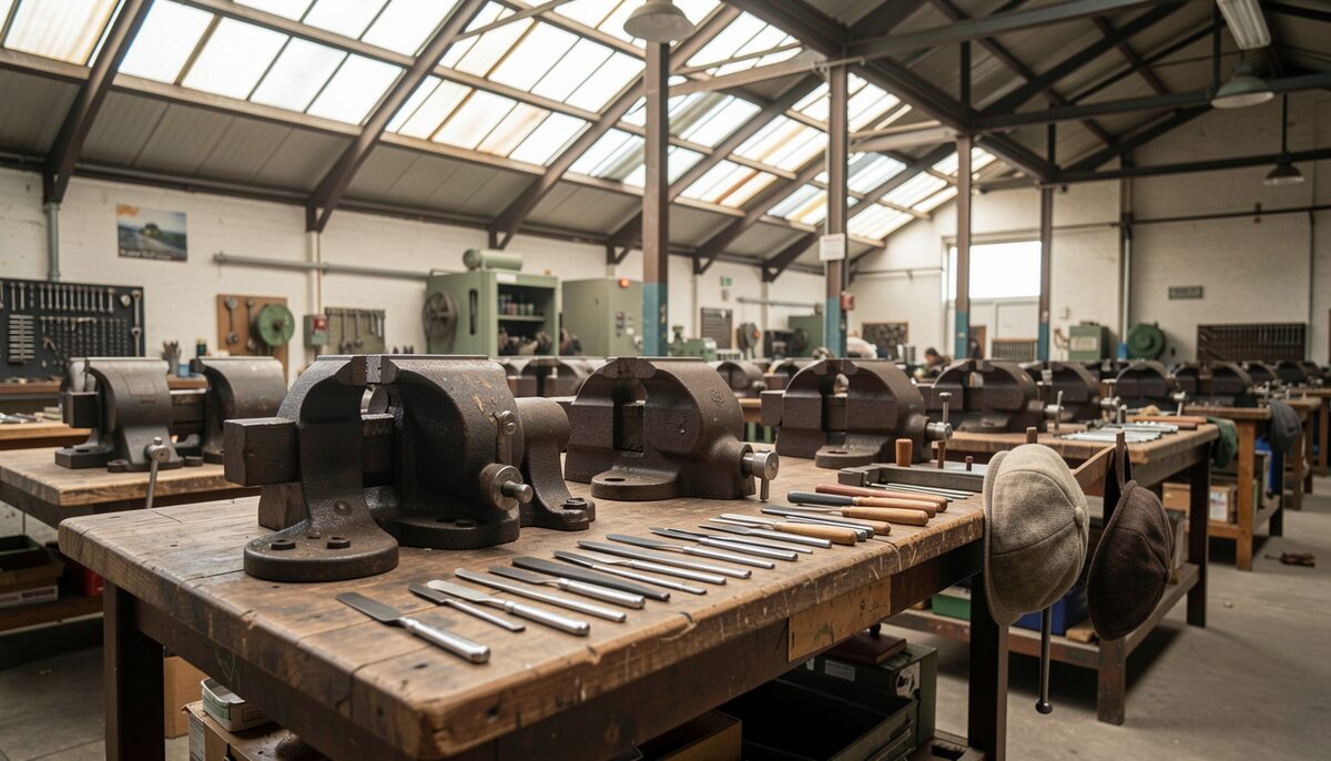 A row of fitters' benches with vices, files and scrapers laid out, and a foreman chalking job numbers on a slate.