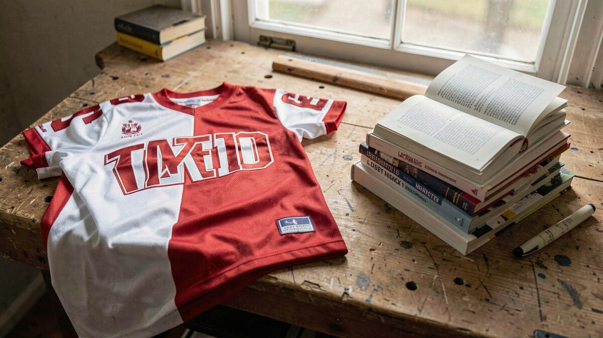 A workbench desk with a printed fan jersey folded beside a stack of open reference books, lit by soft morning window light, framed as a still life from above.