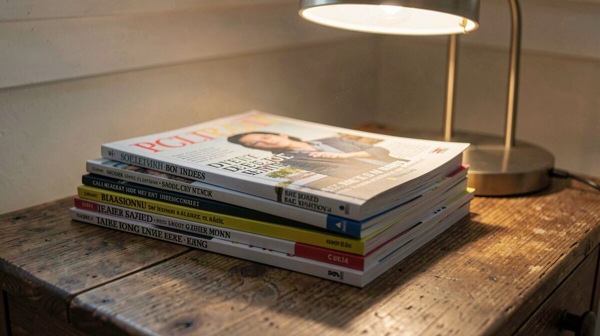 A stack of Dutch-language magazines on a wooden table beside a reading lamp in soft evening light, framed square