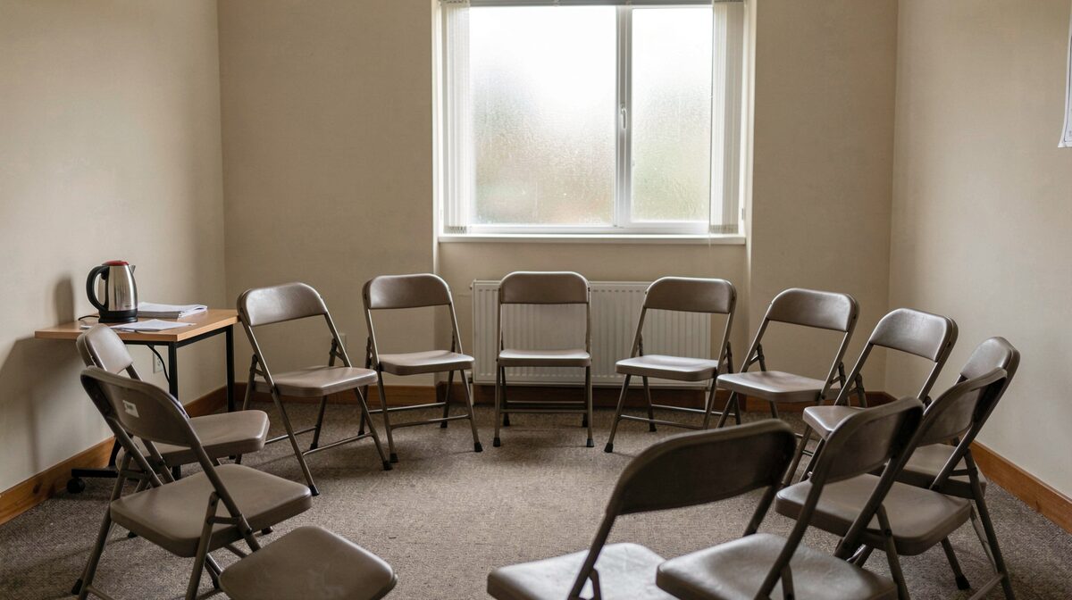 A plain community meeting room in Niagara with folding chairs in a circle, a kettle and paper handouts on a side table, morning light through a frosted window, shot straight-on at eye level.