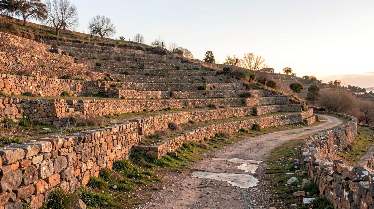 Dry stone terraces on a Valencian hillside under a low winter sun, framed wide with a lone footpath in the foreground.
