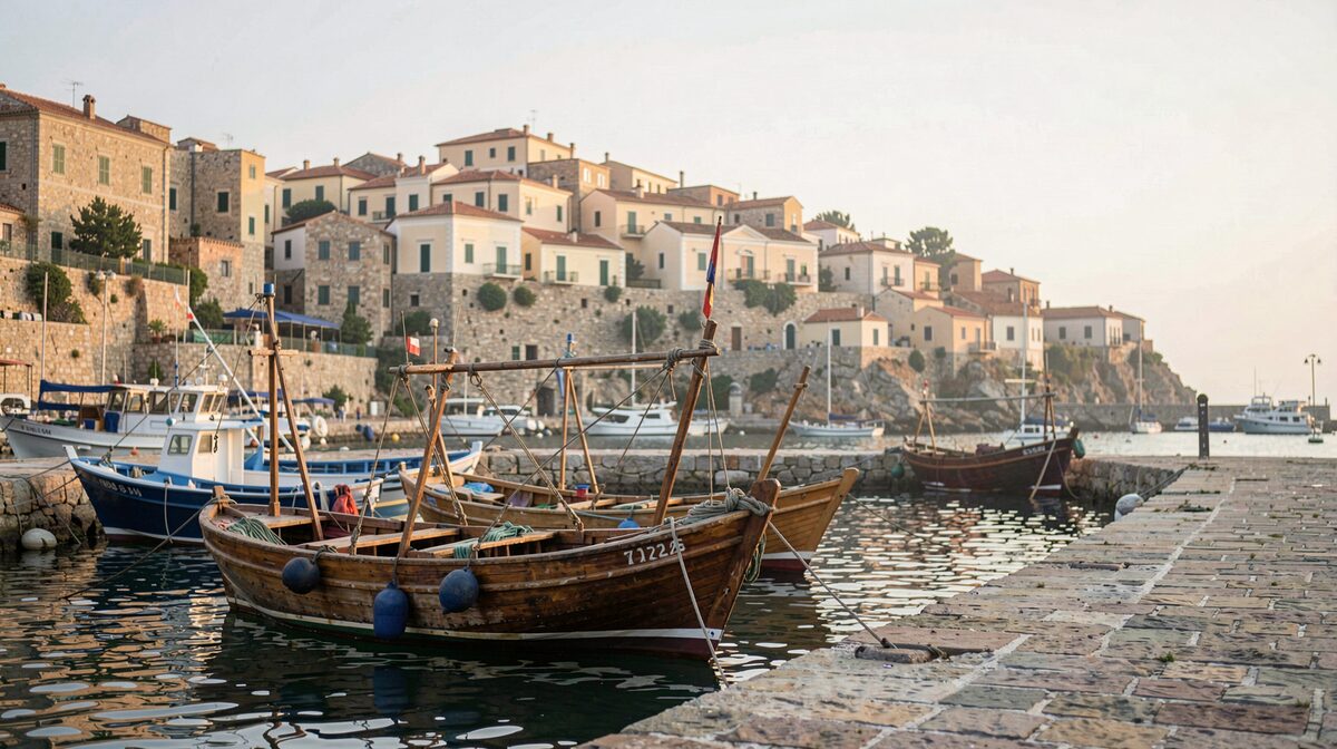 A Mediterranean harbour at early morning, wooden fishing boats moored along a stone quay, soft side light, wide framing with the old town rising behind.
