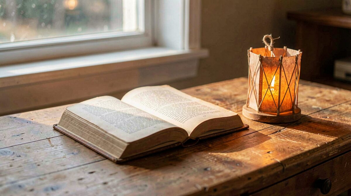 An open old book on a wooden desk beside a small paper lantern, warm afternoon light from a side window, close framing.